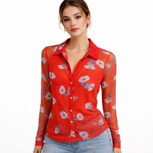 Bar III Floral Mesh Tulle Button Down Top blouse Sheer Sleeves Size Medium